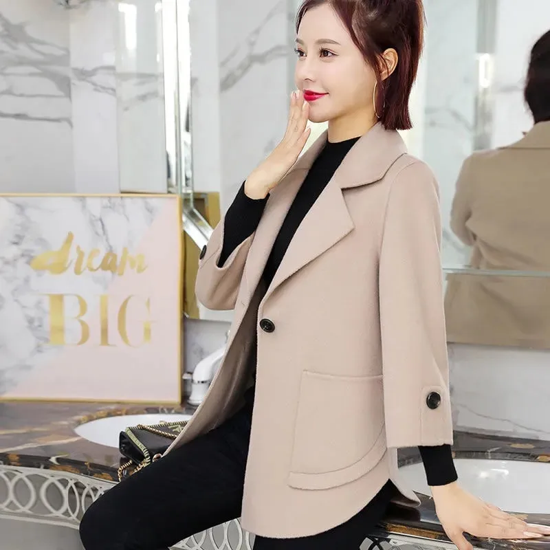 Top-Grade Short Woolen Coat Female 2023 New Spring Autumn Fashion Loose All-Match Suit Collar One Button Woolen Women Coat