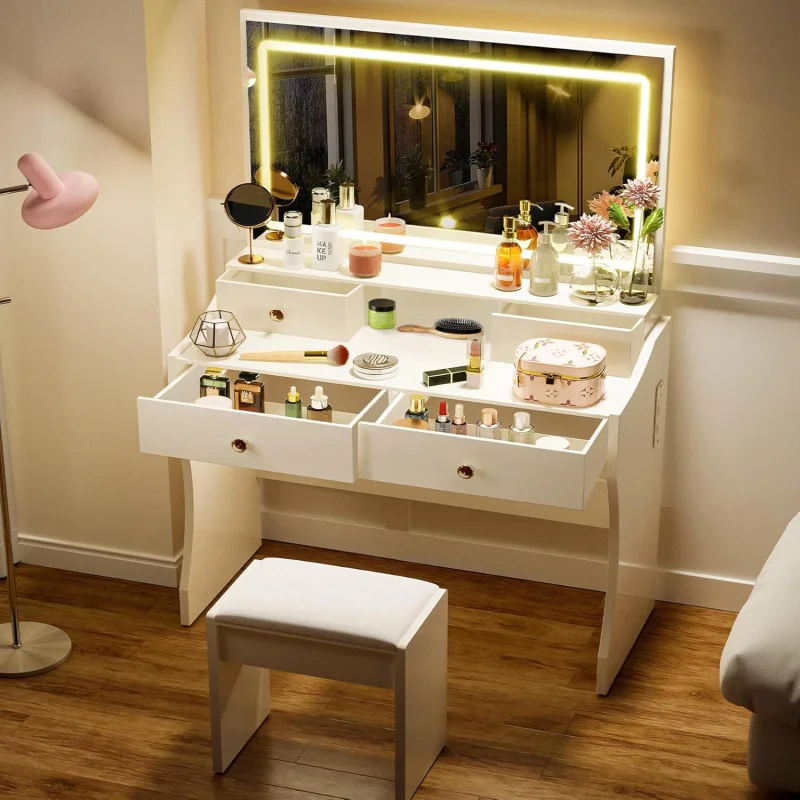 

Makeup Vanity Desk Set with Lights & Mirror - Drawers Charging Station Vanity Table and Chair