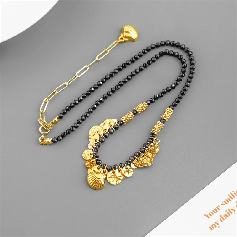 

Модная блестящая круглая цепочка на ключицу из обсидианных бусин для женщин, винтажное отпускное изысканное универсальное ожерелье для банкета