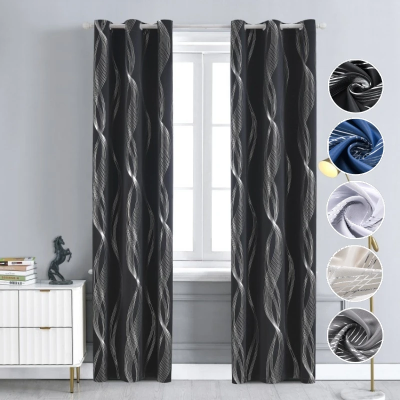 

1PC Blackout Curtains with Wavy Line Pattern for Bedroom Living Room Window Decor Striped Silvery Foil High Shading Curtains
