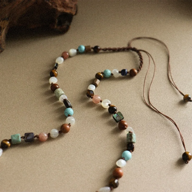 Simple Exquisite Versatile Wood Beads Natural Stone Ball Knitted Strand Necklace Light Luxury Niche Sense Pullable Sweater Chain