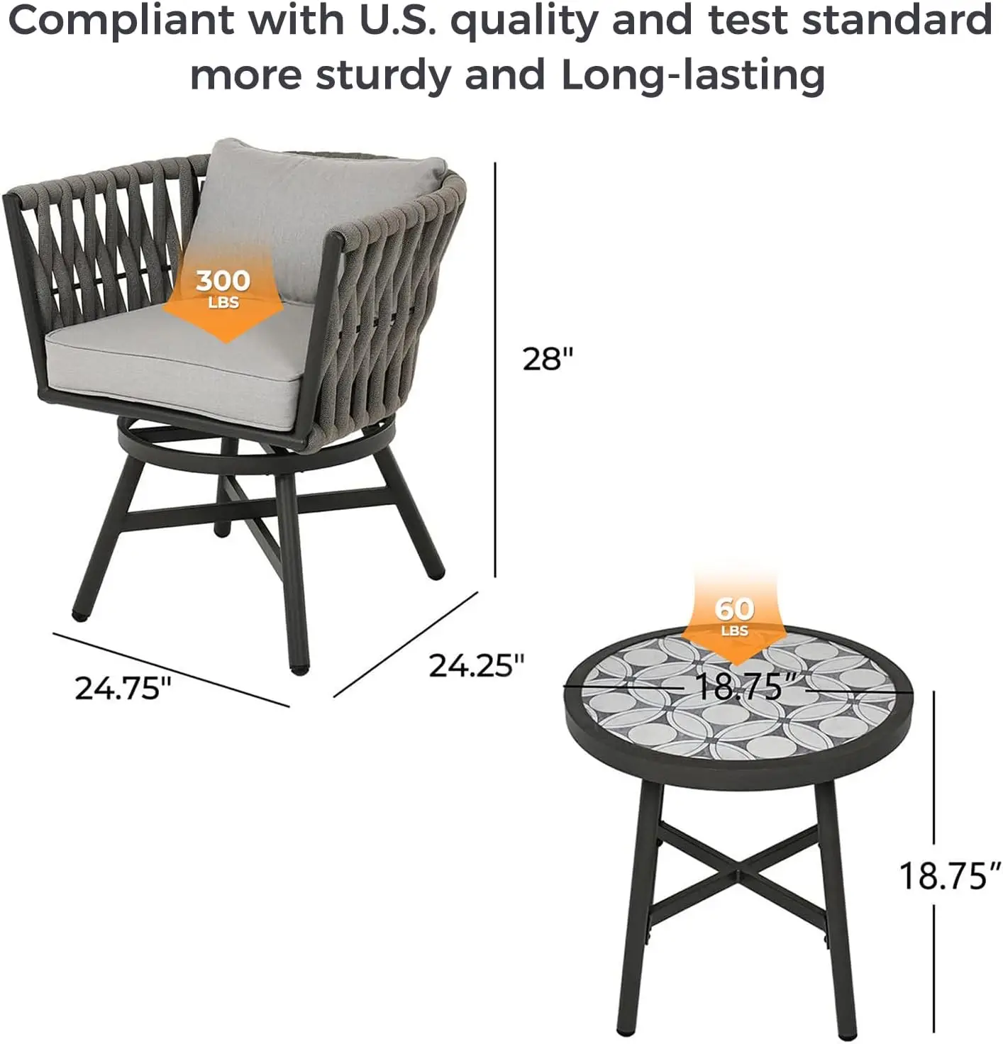 Esszimmerstuhl-Set, 3er-Set, drehbare Seilsessel mit Kissen und rundem Beistelltisch mit Fliesentischplatte, Korbgeflecht