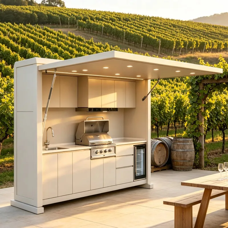 Waterproof and easy-to-clean cabinets PVC membrane panels and trash containers, outdoor kitchen unit for patio barbecue cooking