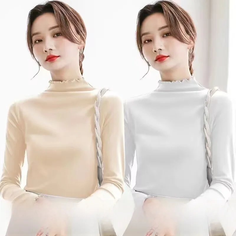 Thiened على الوجهين المخملية طويلة Sve المرأة قاعدة irt لون نقي سليم صالح ربيع الخريف ملابس داخلية تنوعا تي شيرت