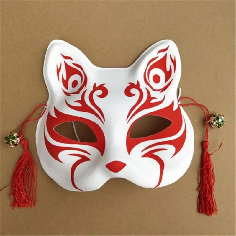 Party Show maschera volpe con nappe e campane Kitsune dipinte a mano mezza faccia regalo Cosplay di Halloween