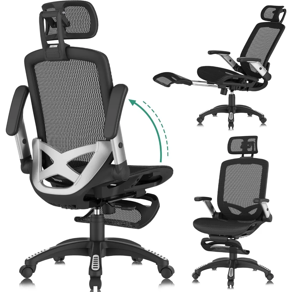 

Office Chair with Footrest, Ergonomic Desk Chair - 135° Recline Wide, 45° Flip-Up Arms,3D Headrest & Mesh Seat, High Ba