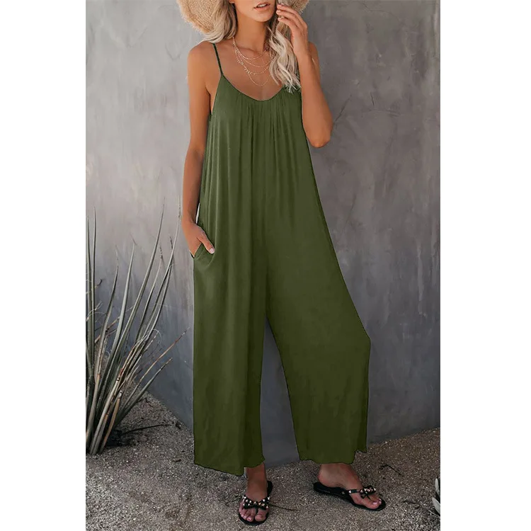 Summer New Women\'s Pants Solid Color Pocket Loose Casual Sleeveless Backstrap Wide Leg Pants Loose Jumpsuit