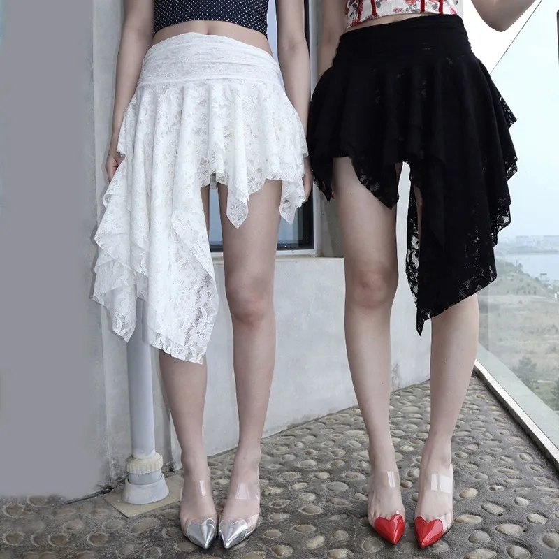Korean Girl Group Niche Design Irregular Lace Midi Skirt American Retro Pleated Short Skirt Female Clothing Kawaii Skirt
