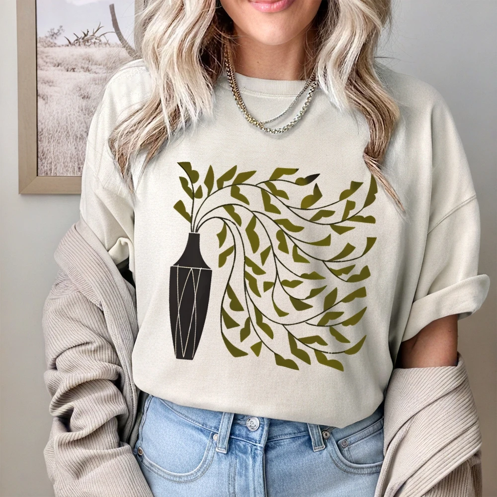 

Vase Leaf Tee Elegant Vase Green Leaf Print Casual Loose Short Sleeved Summer Artistic Nature Loving Stylish Comfortable Top