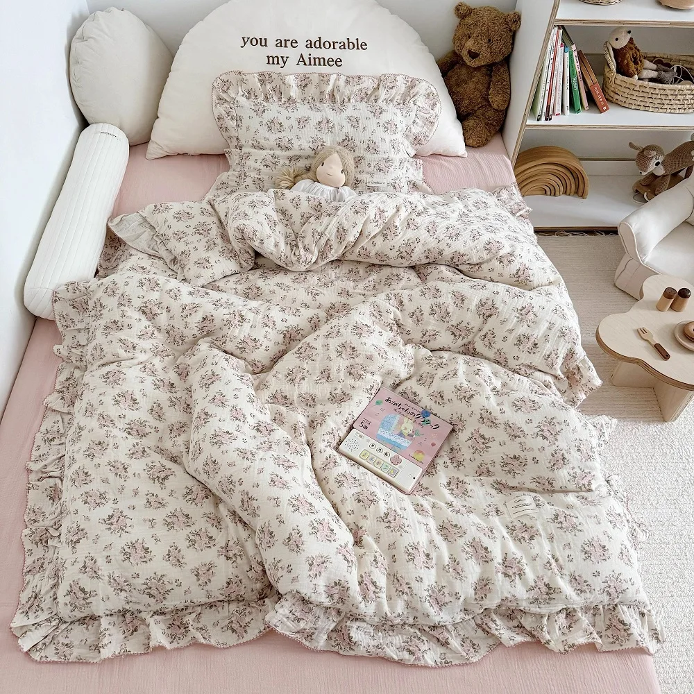 INS Princess Ruffle Edge Gauze 100% Cotton Pillow Case Breathable Duvet Cover Without Filler 3PCS Floral Home Bedding Set image 3