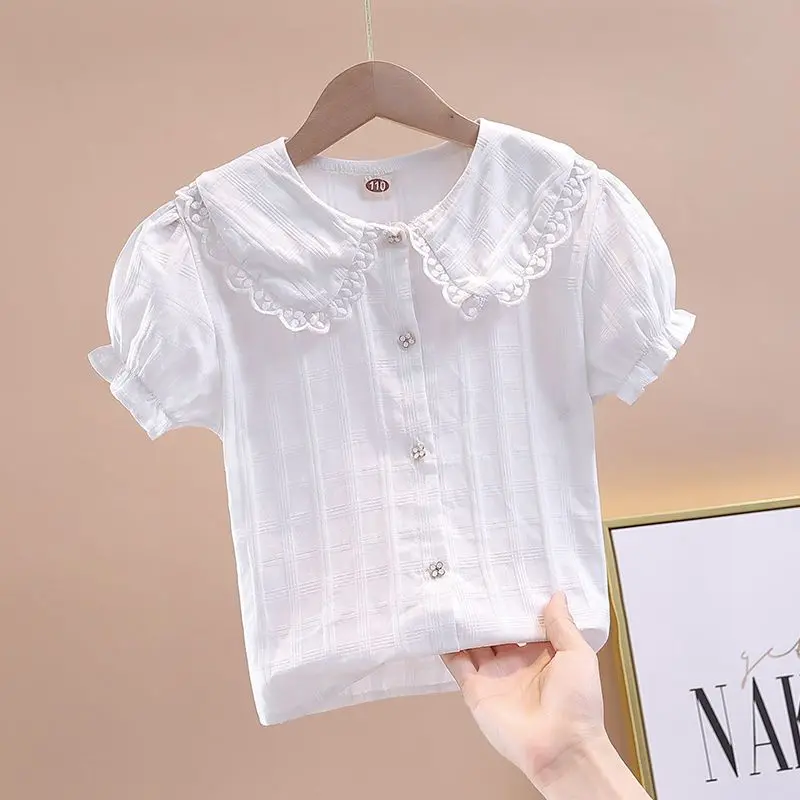 Girls Kids Short Sleeve Blouse 2026 Summer Thin White Shirt Princess Style Peter Pan Collar Casual Top for Children Fashion