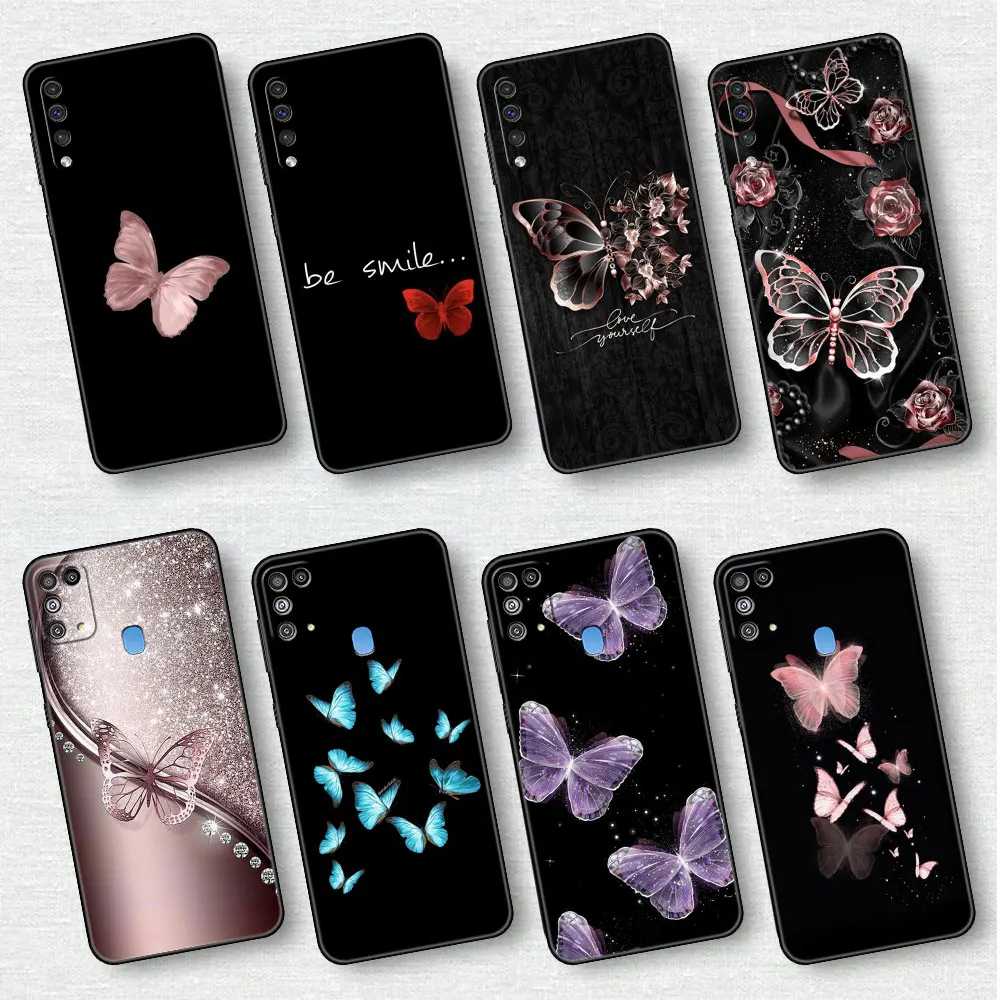 Beauty Pink Butterfly Case For Samsung Galaxy A50 A70 A30 A10 A40 A20s A10s A10e M51 M31 M30s M13 5G Black Soft Phone Cover