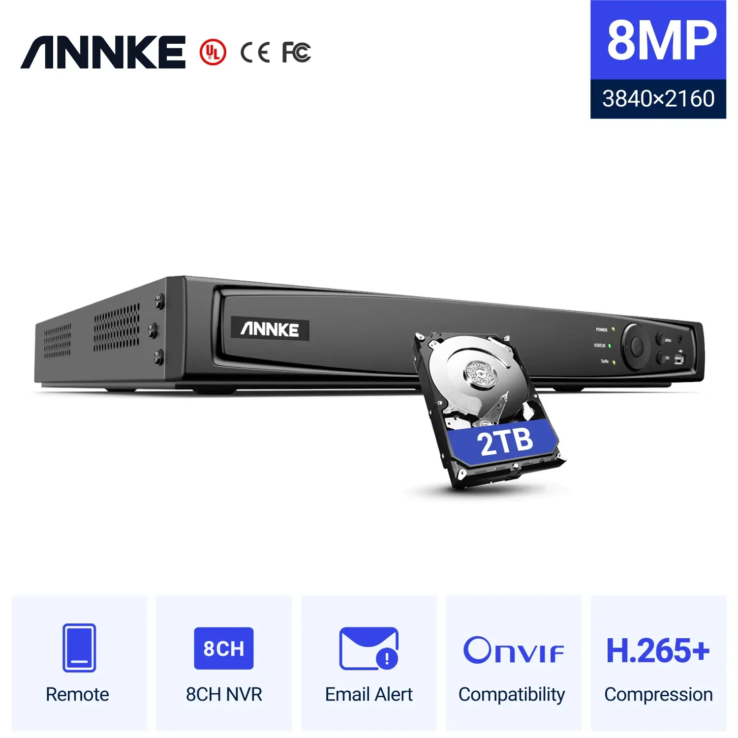 ANNKE POE IP 카메라용 NVR 네트워크 비디오 녹음기, P2P 클라우드 기능, 플러그 앤 플레이, 8CH, 8MP