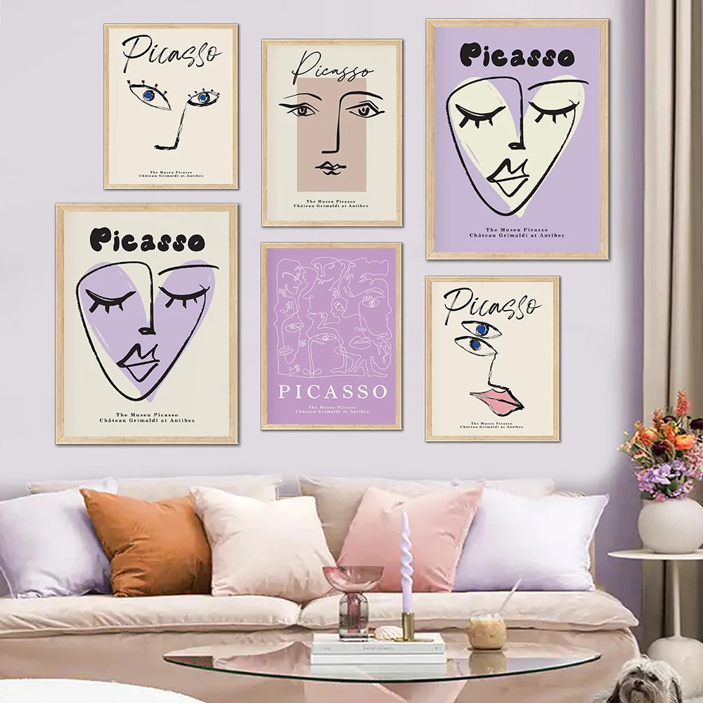 

Nordic Modern Exhibition Picasso Purple Abstract Line Face Wall Art Canvas Painting Posters Pictures For Living Room Home Decor