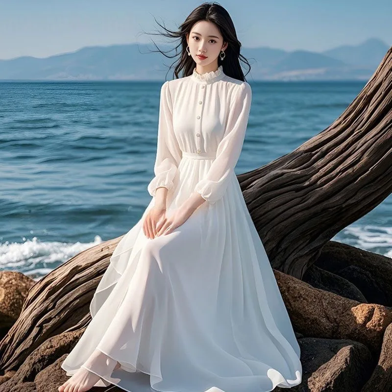 

Spring Summer Women Dress 2025 New Bohemian Beach Long Chiffon Dresses Elegant Ladies Long Sleeves Sundress Slim Ladies Vestidos