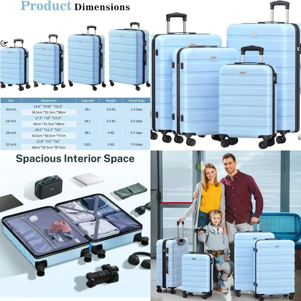 

4-Piece Hardshell Suitcase Set with Double Spinner Wheels, TSA Lock, 20-32 Inch, Light Blue