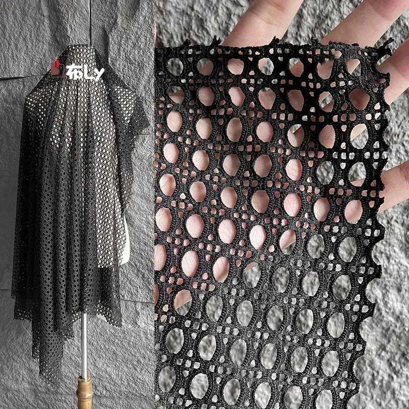 Black Round Hollow Fabric, Breathable Texture Creative Cloth for DIY Coat Pants, Designer Decor Background