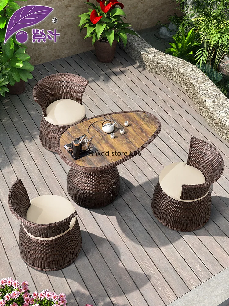 Balcony small rattan chair tea table and chair combination new Chinese kung fu coffee table tea table small apartment