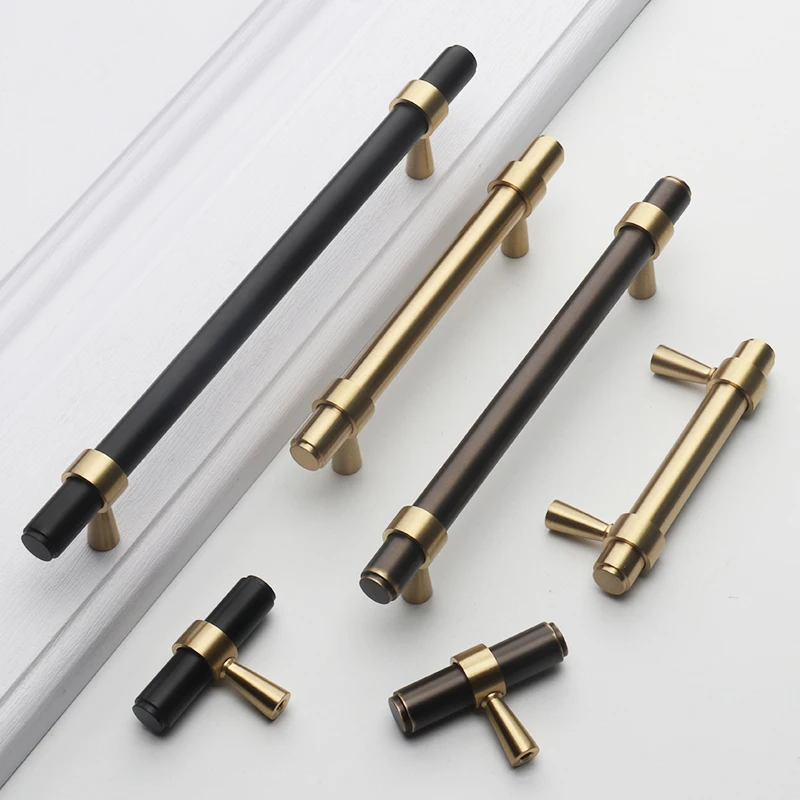 High-end European 4PCS Solid Brass T-Bar Furniture Pulls Handles Drawer Knobs Cupboard Wardrobe Closet Cabinet Door Pulls Handle