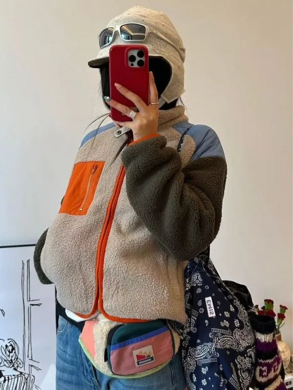 Primavera naranja d Color Blo versátil Casual con capucha cordero terciopelo Fce forrado japonés Sle mujer ort abrigo Jaet