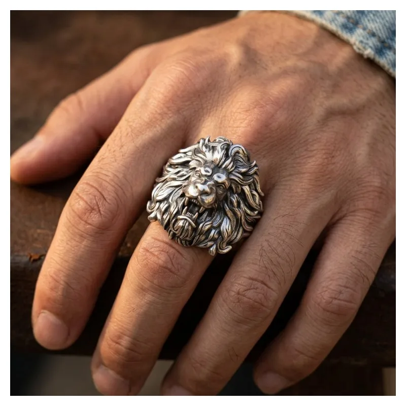 21g 3D Lion Head Ring King Of The Beasts Artistic Relief Gold Rings For Dad Man  Customized 925 SOLID STERLING SILVER High Trend