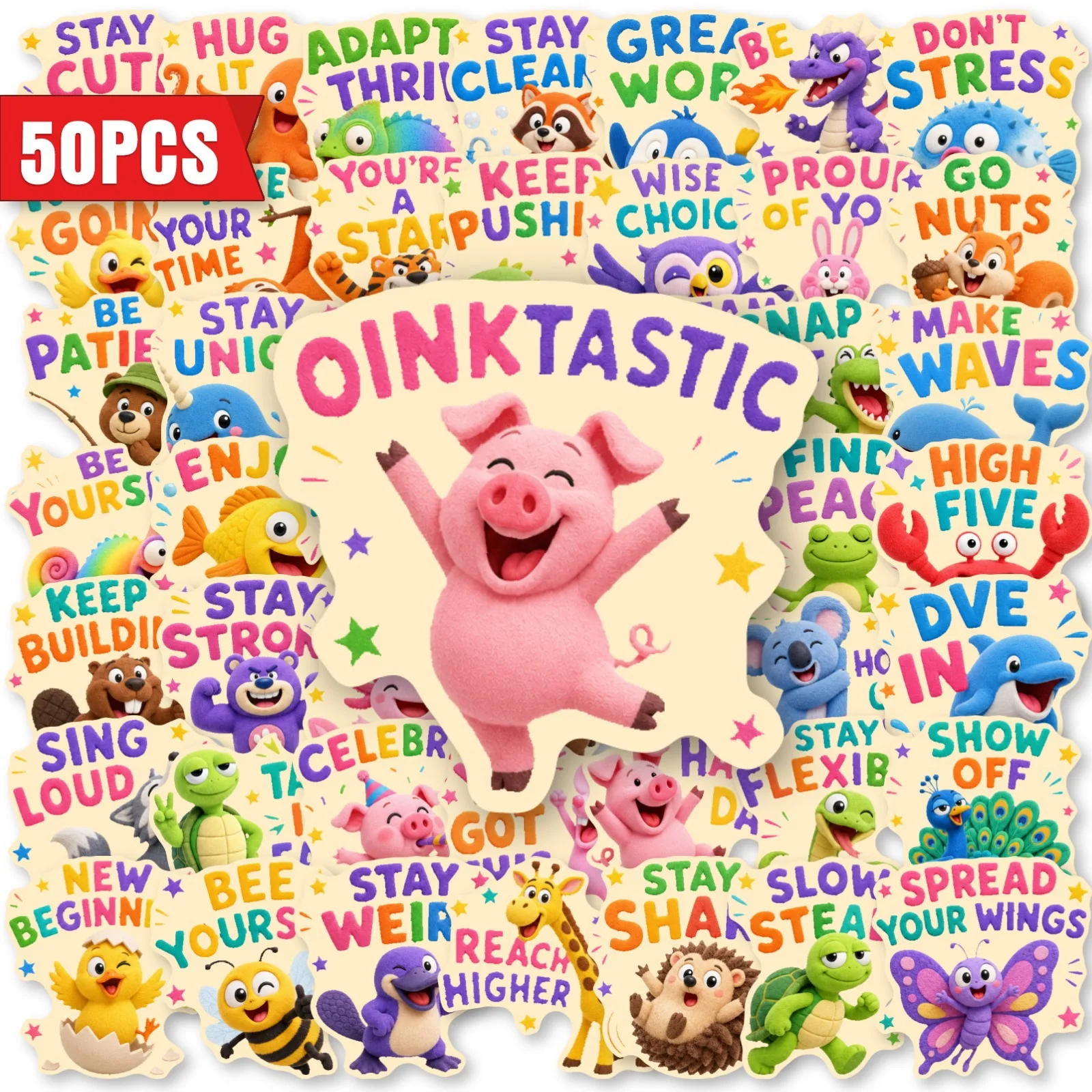50 PCS Cartoon Little Animal & Positive Energy Quote Colorful Stickers Pack Decorate Luggage Pencil Case Laptop Removable Decals