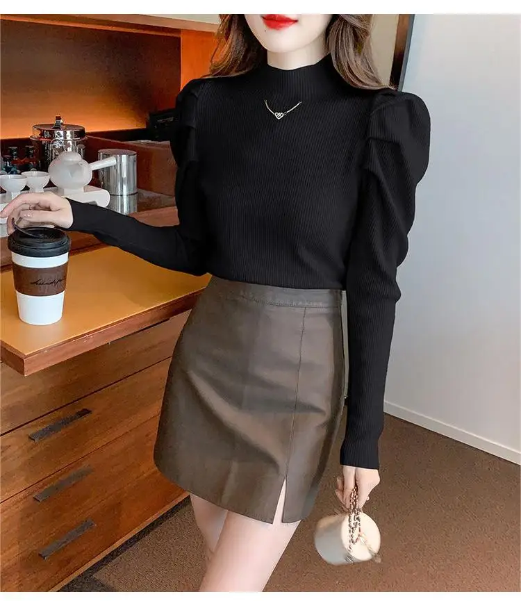 

Half High Neckline Chain Sweater For Women In Autumn And Winter Slim With A Western-style Knitted Bottom And Bubble Sleeve Top