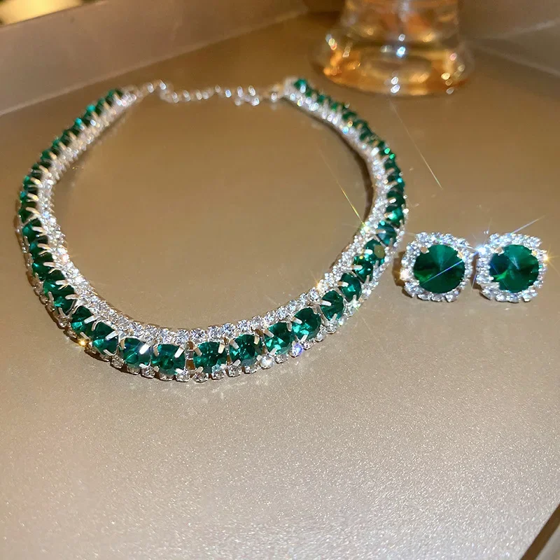 Luxury Green Rhinestone Necklace Stud Earrings For Women Crystal Choker Necklaces Ladies Fashion Weddings Banquet Jewelry Set