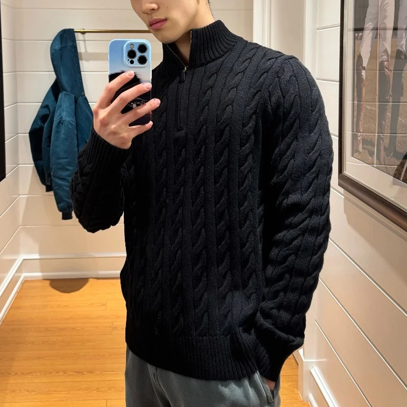 

Autumn Winter Men's Knitted Sweater f Zipper Stand Collar Embroidered Cotton Linen Blend Outerwear Faionable Old Money S...