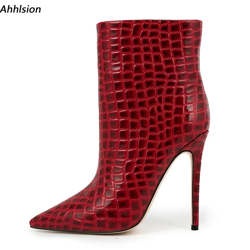 

Ahhlsion Handmade Women Winter Ankle Boots Stone Pattern Sexy Stiletto Heels Pointed Toe Nice Red Club Shoes US Plus Size 5-13