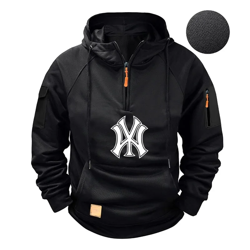 Autumn and Winter 2026 new men's hooded pullover, outdoor casual multi-pocket zipper loose men's sweatshirt and sportswear