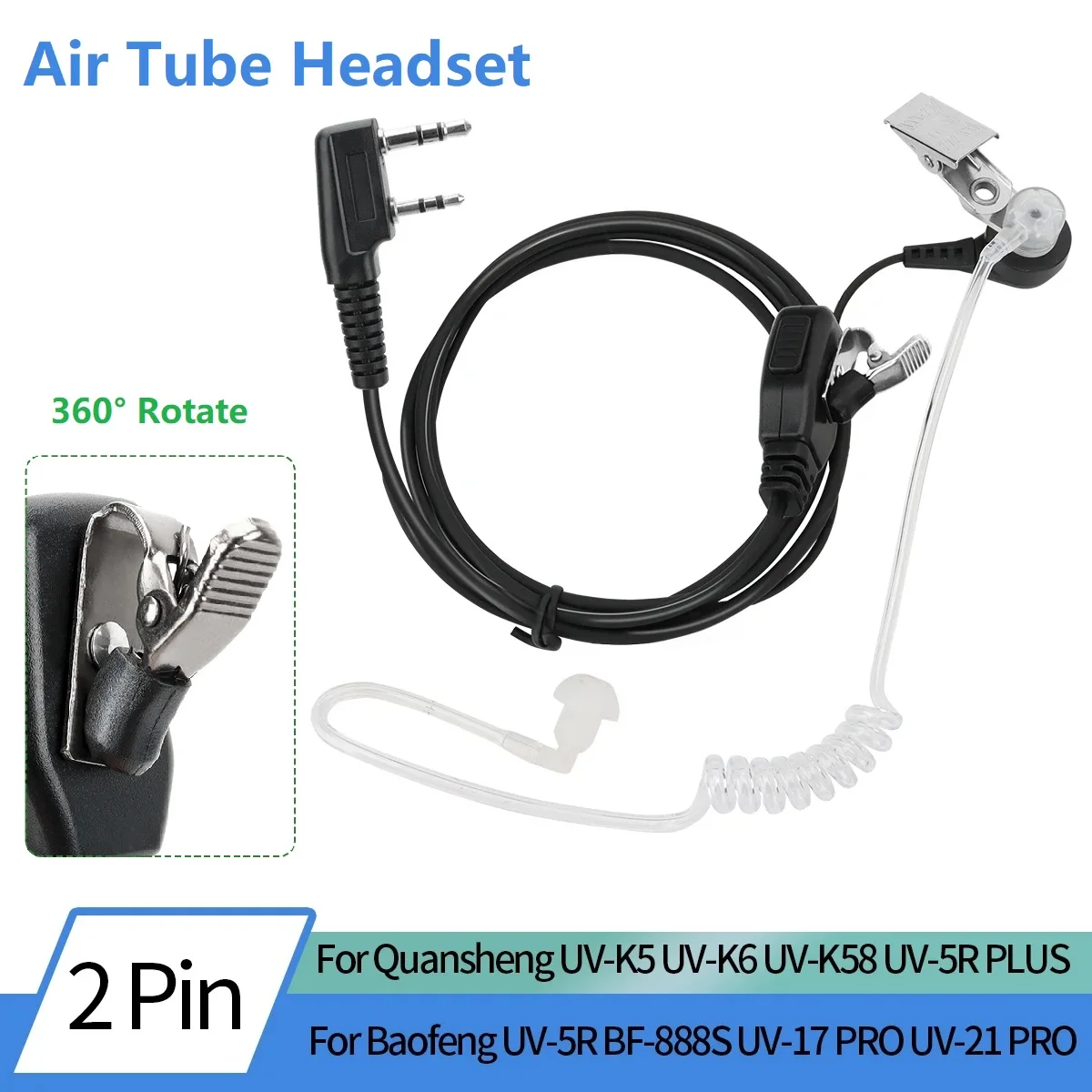 Baofeng UV-5R Walkie Talkie Acoustic Air Tube Headset 2 Pin PTT Earpiece Earphone For BF-888S UV-21 PRO Quansheng UV-K5 UV-K6