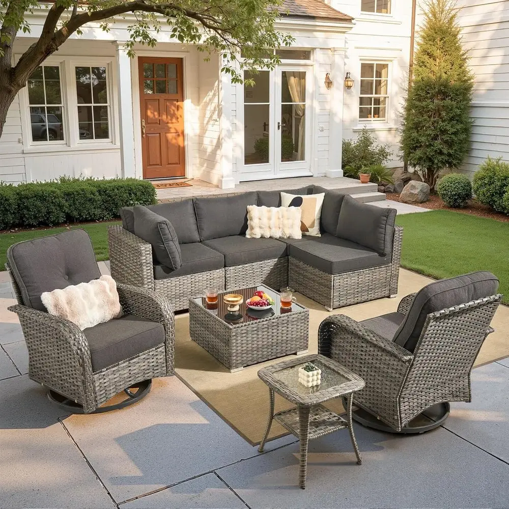 

8-Piece Outdoor Sectional Set with 6 Seats, Rattan Patio Furniture, Swivel Chairs, Ideal for Garden and Backyard