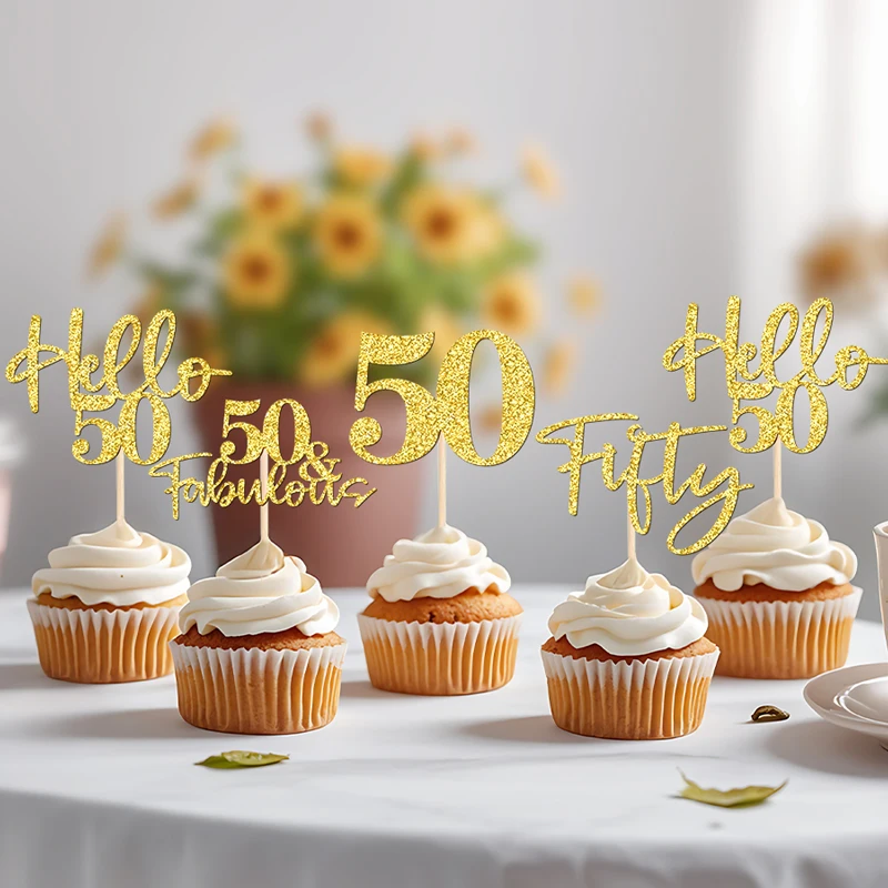 NUBECOM 24 Stück Geburtstagstorte Dekoration Glitzer 50 Cupcake Topper für Hallo 50 Hochzeitstag Party Kuchen Dekor Zubehör – Detail 9