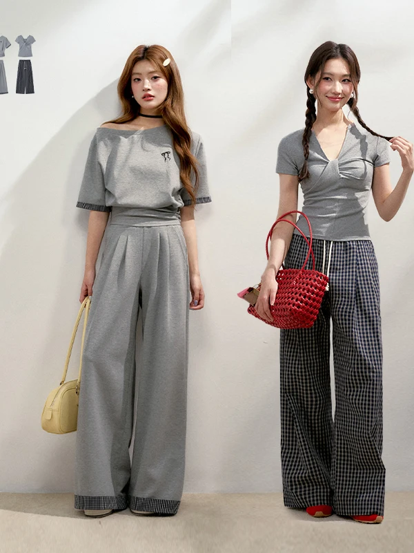 

Корейский модный комплект 6DEWS: брюки с высокой талией и широкими штанинами, футболка с коротким рукавом, асимметричный дизайн с пэчворком на плече