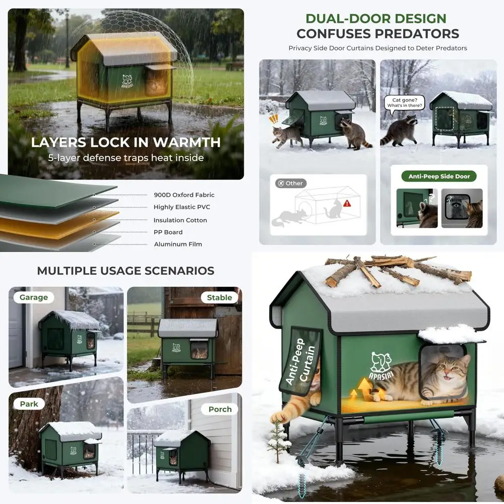 

Medium-Sized Insulated Outdoor Cat House with Heating Pad and Anti-Peep Curtains