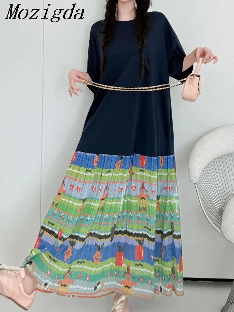 

Summer Oversize T Shirt Dress Women Casual Whimsical Cartoon Print Contrast Hem Crew Neck Long Ladies Dresses Vestidos