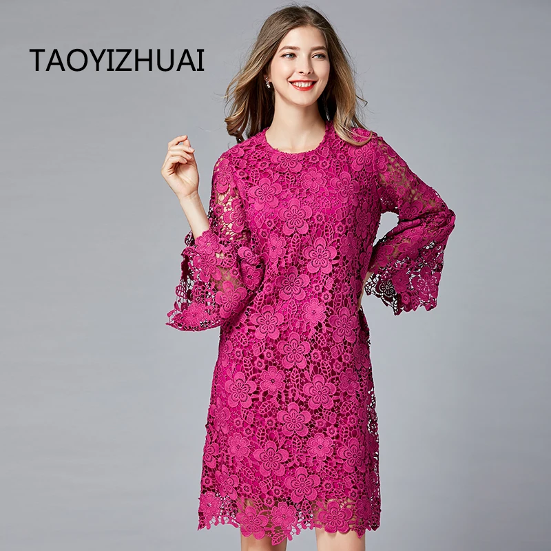 Plus Size Lace Dresses for Women Large Size 5XL Rose Red Dress Female Models Fashion Hollow Party Elegant Half Sleeve 16276