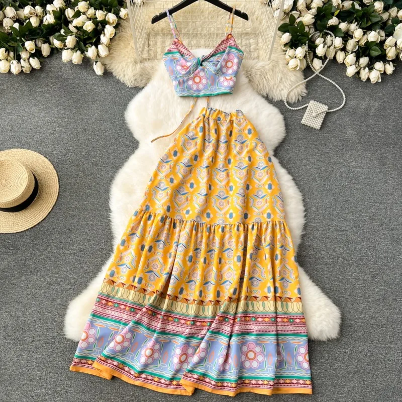 

Women Summer Fashion Floral Skirts Suit Spaghetti Strap Crop Tops A-Line Saya Two Pieces Set Female Boho Beach Holiday Outfits