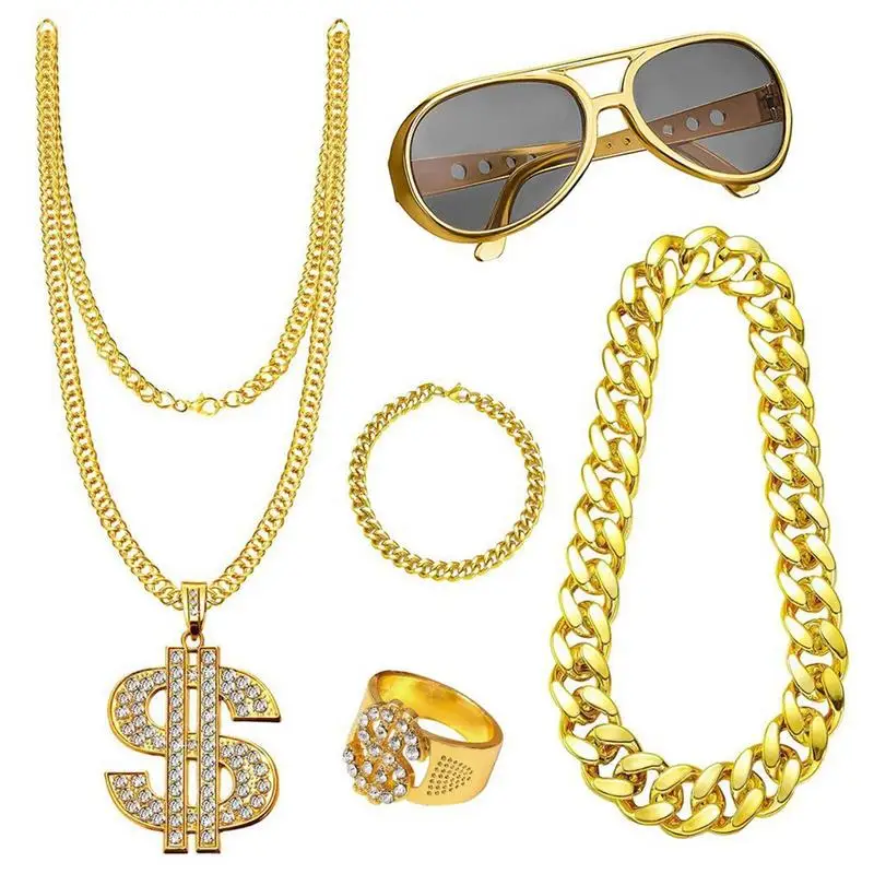 80S 90S Costume Accessory Set Hip Hop Costume Kit Gold Sunglasses Necklace Ring and Rapper Gold Chain