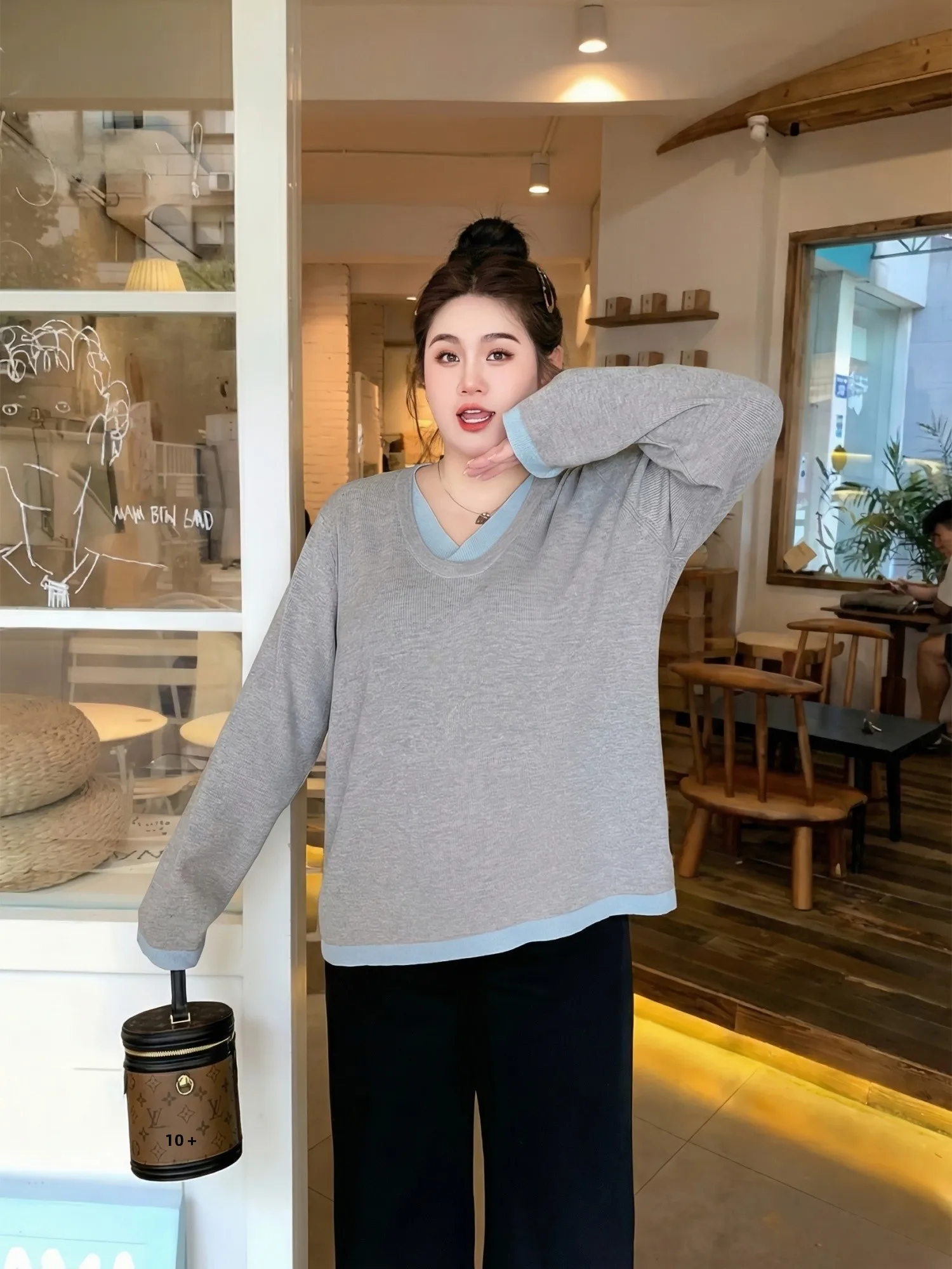 

Вязаный свитер для весеннего городского стиля, большие размеры, женский, имитация двухслойности, с цветовыми блоками, базовый слой, с длинным рукавом, V-образный вырез, трикотаж