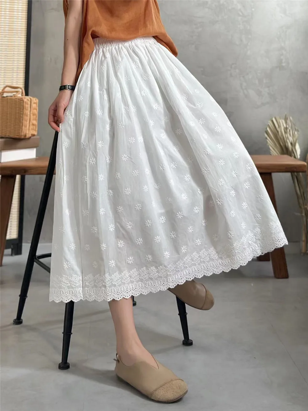 New Spring Cotton Retro Skirt Women A-Line Embroidery Lace Loose Skirt Girl Sweet Fashion Skirt 2024 Summer B43983QM