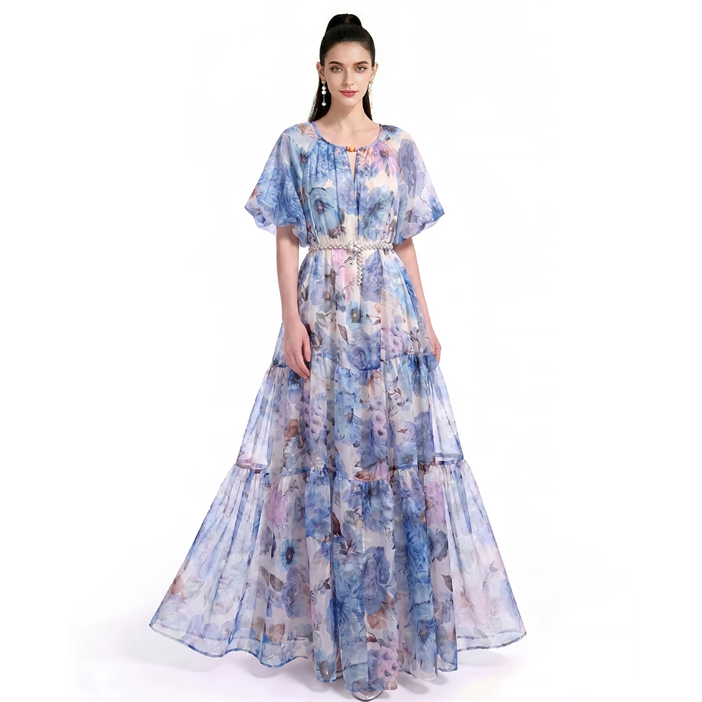

Pastel Blue Floral Tiered Maxi Gown, Women's Flowy Batwing Sleeve Dress with Beaded Belt for Evening Party