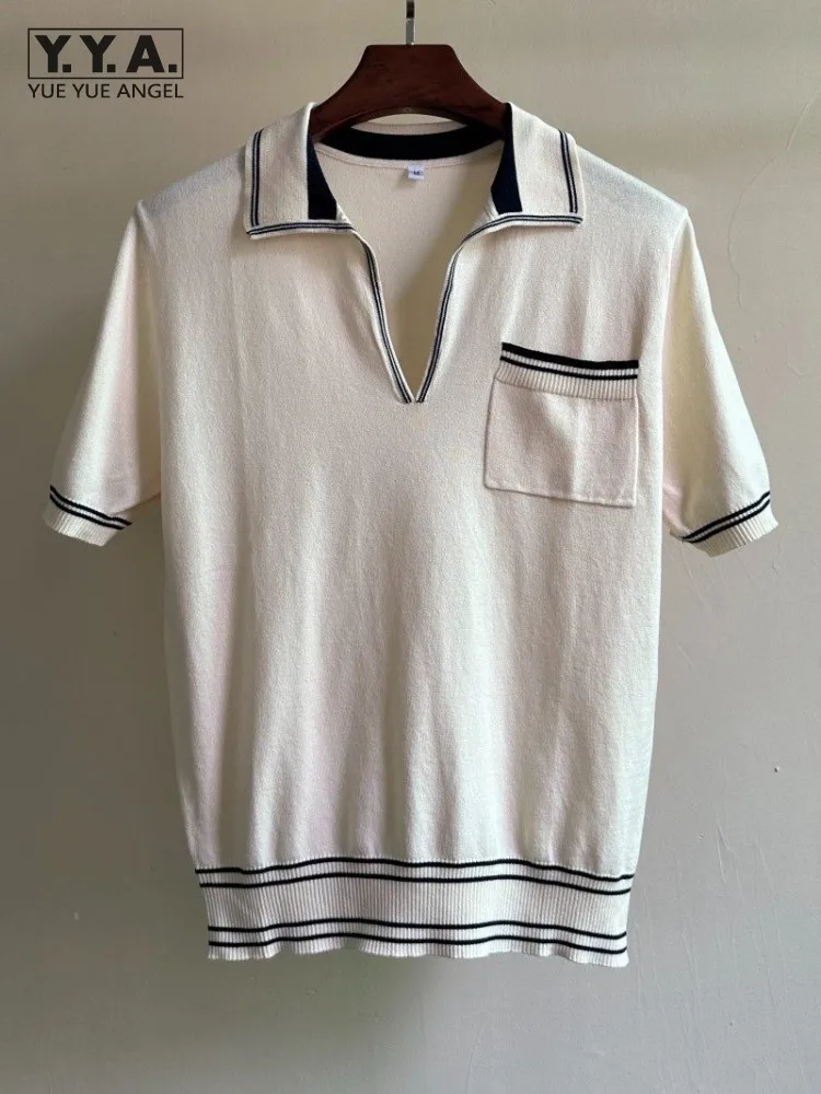 Summer Fashion Men Striped T-Shirt Breathable Knitted Tees Tops Short Sleeve Lapel Collar Loose Fit Business Work Male Vintage