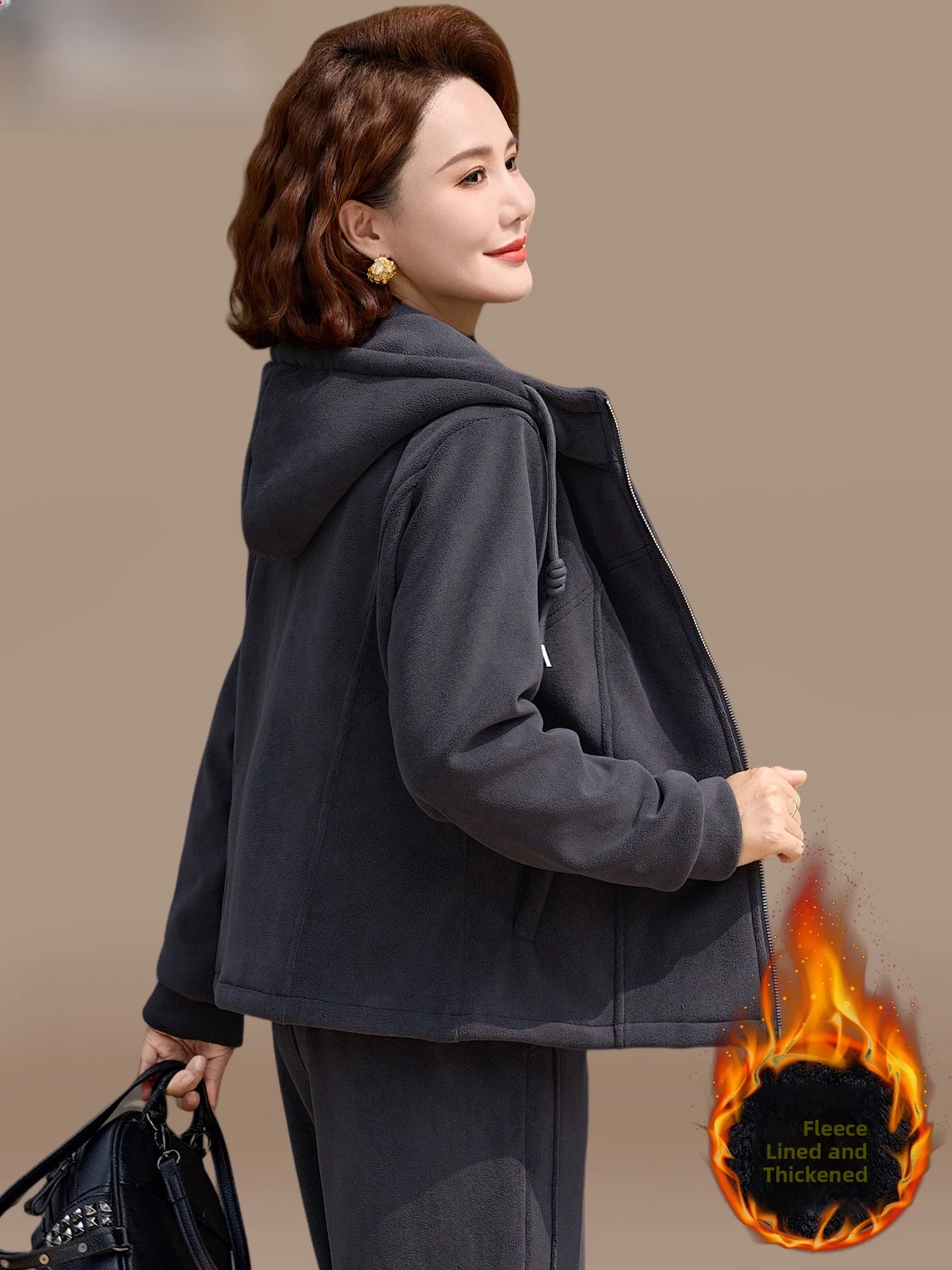 

Thiened Fce Lined Winter Sportswear Set for Women Warm Base Layer Top plus Long Pants Zipper Closure Hooded Coat Tee P...