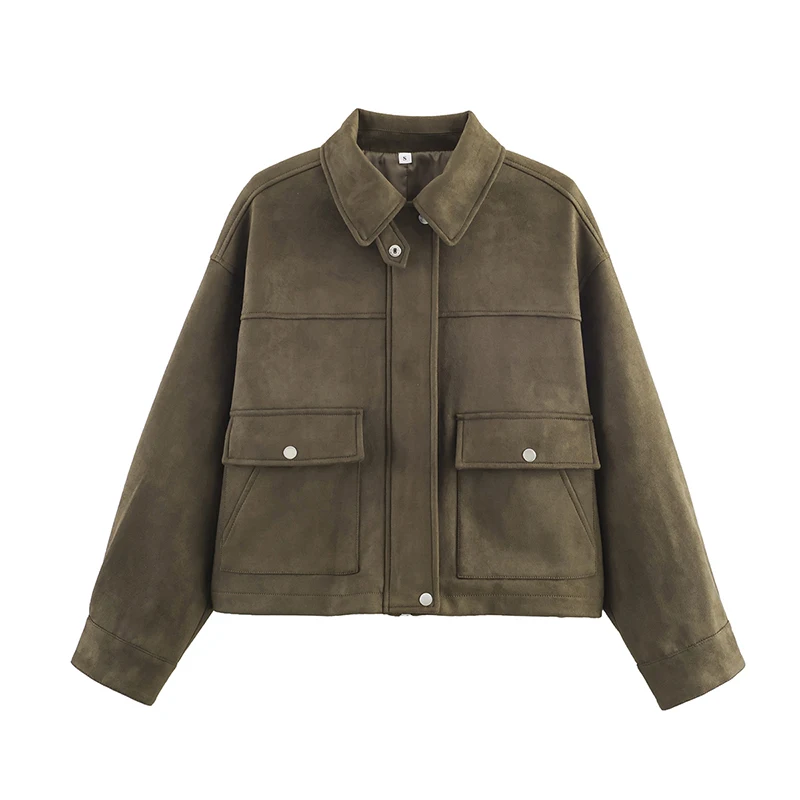 

YENKYE Faux Suede Leather Jacket For Women Front Button Zipper Long Sleeve With Pockets Autumn Coat Shortt Streetwear Outerwear