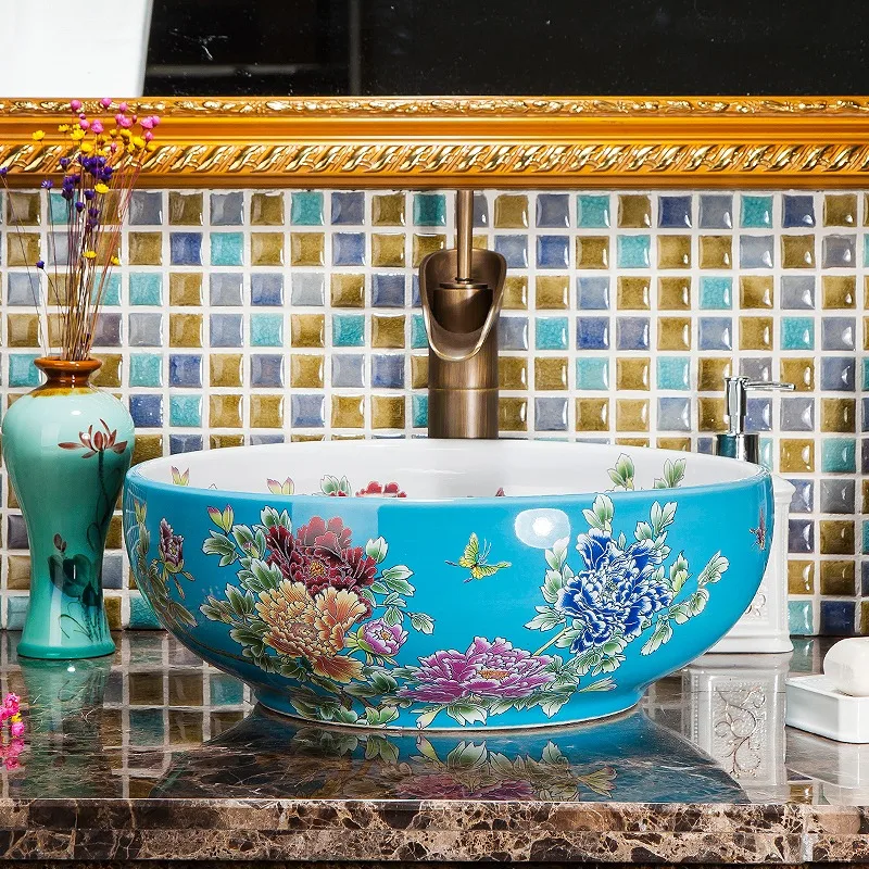 Container sink blue flower and bird flower-shaped ceramic countertop art bathroom wash basin