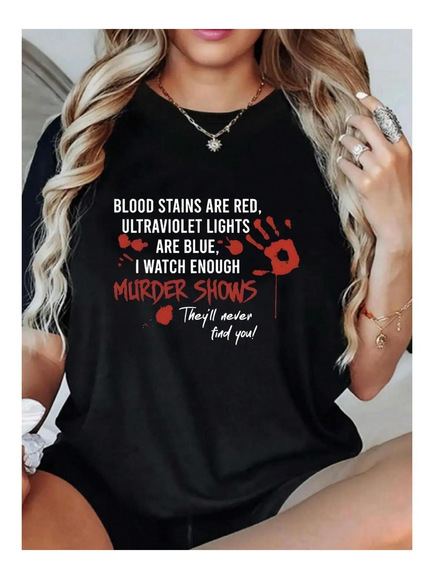 

Women Blood Palm Print Loose Oversized T-Shirt For Women Casual Knit Fabric With Round Neckline All-Season Comfort