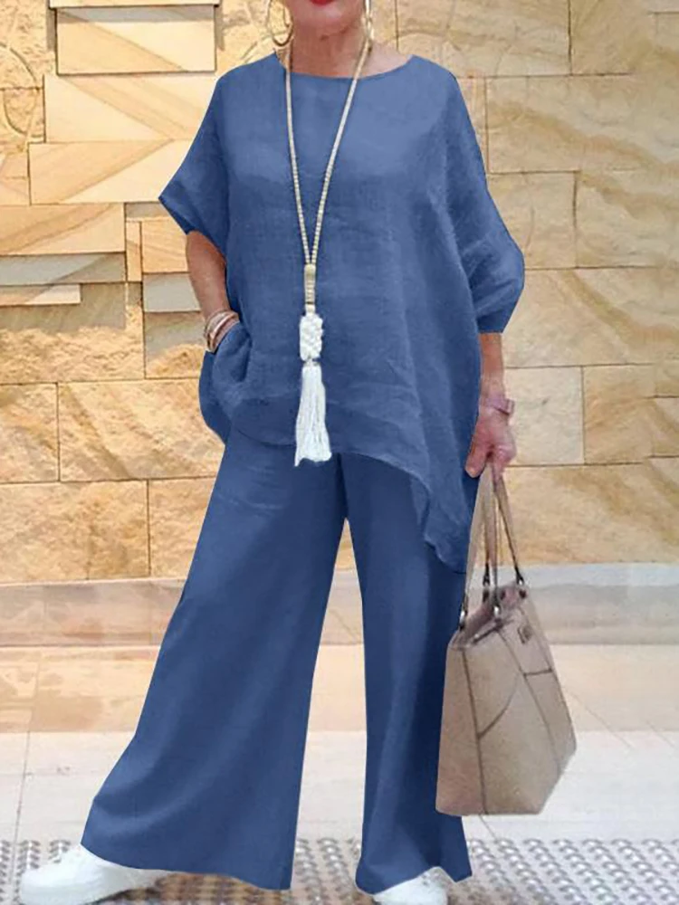 Office Women O Neck Tops and Pants Suit Summer Casual Long Pants Female Solid Outfits Cotton Linen Wide Leg Pants Elegant Sets