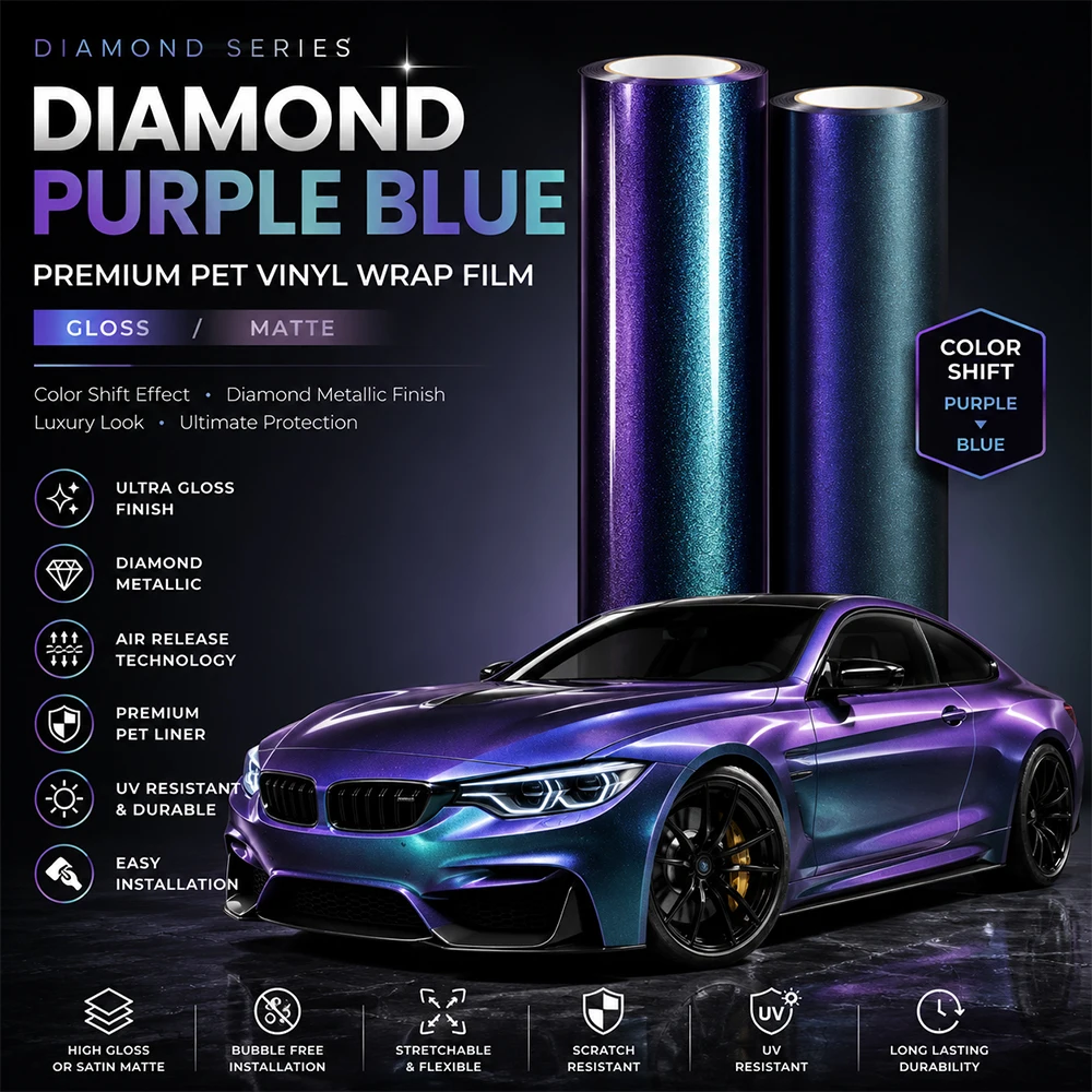 Diamond Purple Blue Car Vinyl Wrap Film Glossy Matte Self Adhesive Decal Air Release Sticker Tuning Modification Accessories